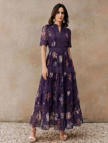Anewsta Women's Fall/Winter Elegant Dark Purple Floral Embroidery Lace Trim Cinched Waist Long Dress For Wedding Guest Party Date Night - Purple - View 5