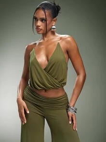 Denimoi Sexy Cowl Neck Surplice Top With Invisible Straps GNO Date Night Tops Sexy Tops Girls Night Out - Army Green - View 5