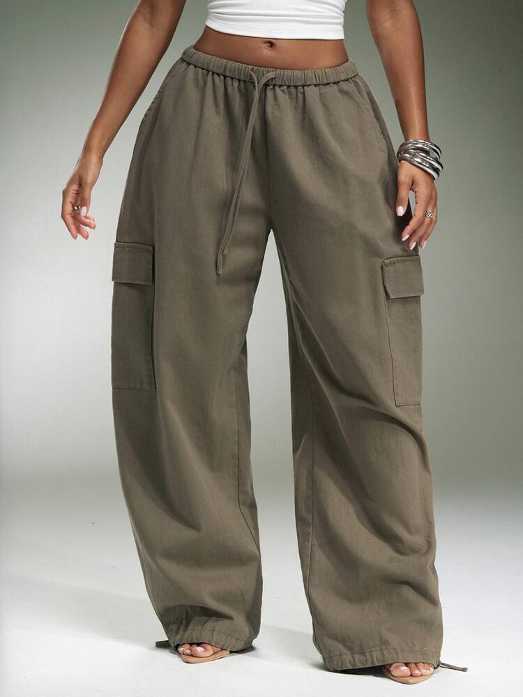 Denimoi Relaxed Fit Cargo Pants Fashion Pants Drawstring Waist Fashionable Streetwear Fall Cool Girl - Olive Green - View 3