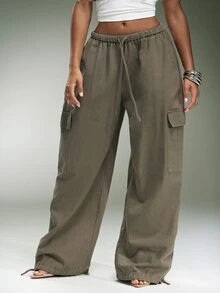 Denimoi Relaxed Fit Cargo Pants Fashion Pants Drawstring Waist Fashionable Streetwear Fall Cool Girl - Olive Green - View 4