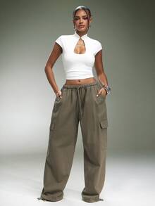 Denimoi Relaxed Fit Cargo Pants Fashion Pants Drawstring Waist Fashionable Streetwear Fall Cool Girl - Olive Green - View 1