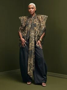 Vixey Leopard Print Sheer Organza Neck Tie Top, Event Dressing, Going Out Outfit, Holiday - Multicolor - View 1