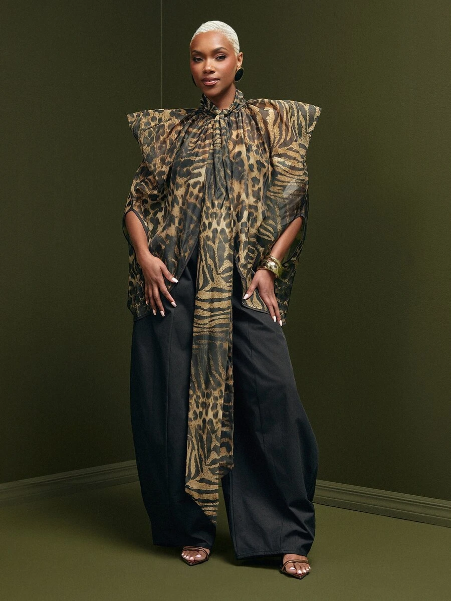 Vixey Leopard Print Sheer Organza Neck Tie Top, Event Dressing, Going Out Outfit, Holiday - Multicolor - View 1