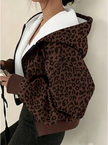 SHEIN 復古豹紋連帽拉鍊夾克，搭配內搭T恤，適合日常購物、通勤與旅行，輕鬆打造休閒時尚街頭風造型 - 彩色 - 查看 2
