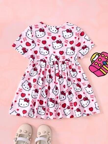 HELLO KITTY AND FRIENDS | SHEIN فستان لطيف للبنات الصغيرات | رقبة دائرية بنمط كرتوني - الأحمر - مشاهدة 2