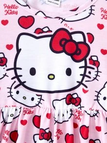 HELLO KITTY AND FRIENDS | SHEIN فستان لطيف للبنات الصغيرات | رقبة دائرية بنمط كرتوني - الأحمر - مشاهدة 5