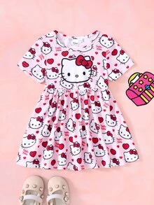 HELLO KITTY AND FRIENDS | SHEIN فستان لطيف للبنات الصغيرات | رقبة دائرية بنمط كرتوني - الأحمر - مشاهدة 3