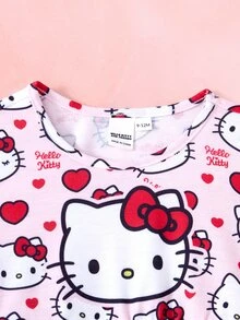 HELLO KITTY AND FRIENDS | SHEIN فستان لطيف للبنات الصغيرات | رقبة دائرية بنمط كرتوني - الأحمر - مشاهدة 4