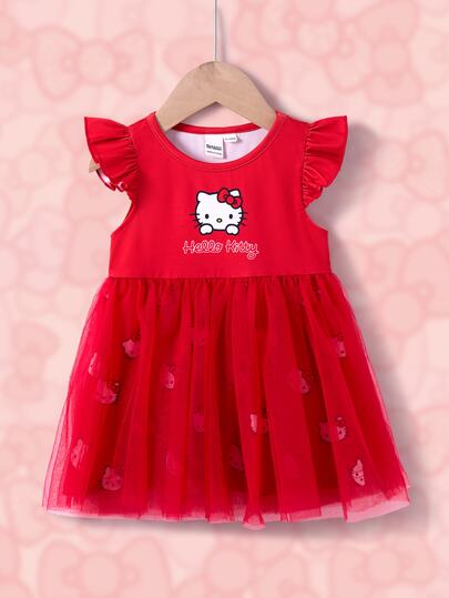 HELLO KITTY AND FRIENDS | SHEIN فستان بناتي بلون موحد وأكمام رفرفة وياقة دائرية ونقشة كرتونية مع حافة شبكية