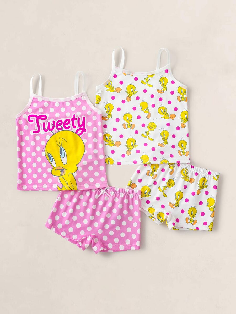 LOONEY TUNES X SHEIN Young Girl 4pcs Set Camisole & Boyshorts Cute Little Duck Pattern - Pink - View 1