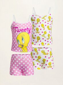 LOONEY TUNES X SHEIN Young Girl 4pcs Set Camisole & Boyshorts Cute Little Duck Pattern - Pink - View 3