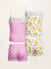 LOONEY TUNES X SHEIN Young Girl 4pcs Set Camisole & Boyshorts Cute Little Duck Pattern - Pink - View 2