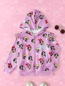 THE POWERPUFF GIRLS X SHEIN Young Girl Cartoon Pattern Casual Daily Hoodie Jacket - Pink - View 3