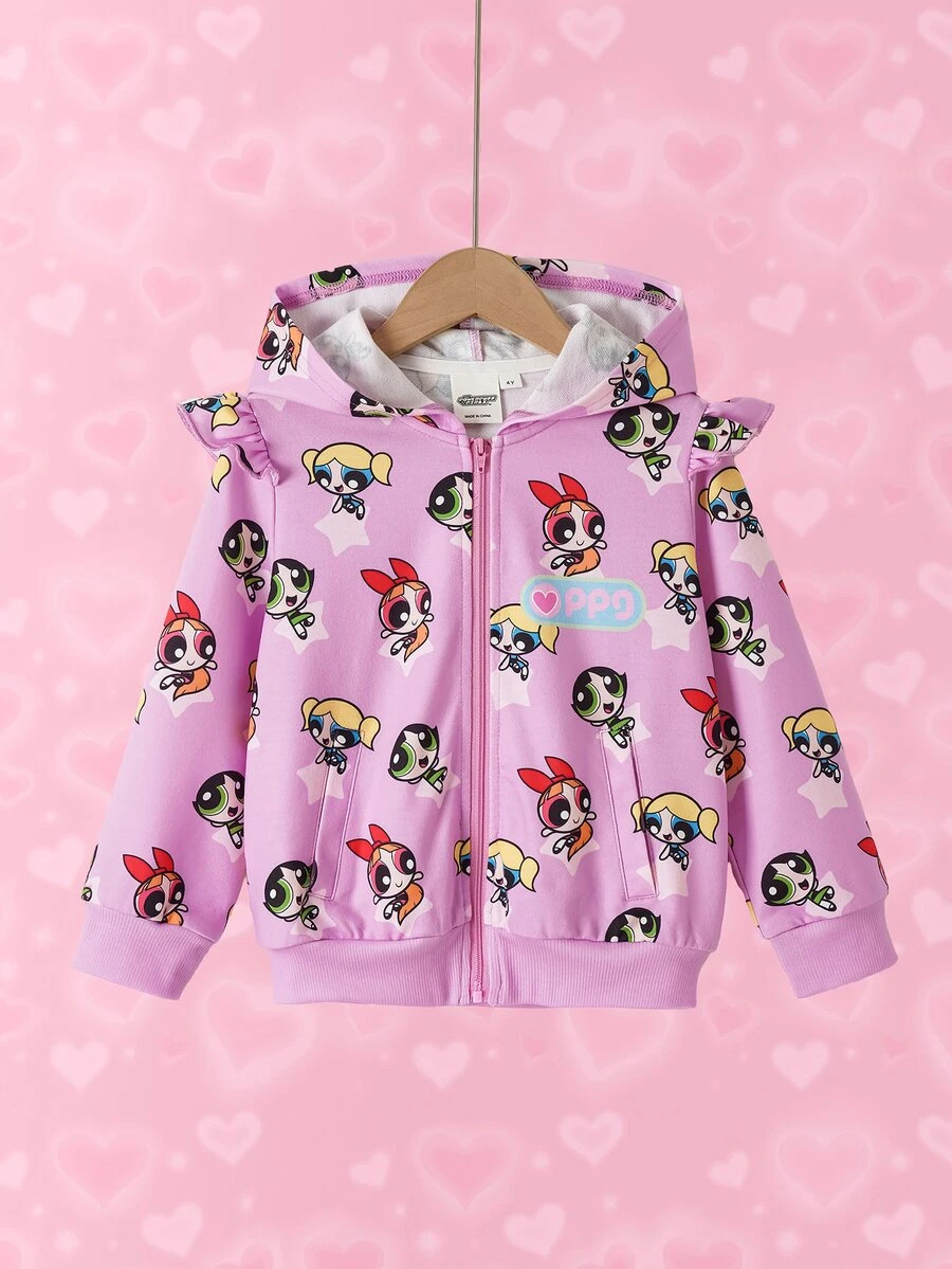 THE POWERPUFF GIRLS X SHEIN Young Girl Cartoon Pattern Casual Daily Hoodie Jacket - Pink - View 1
