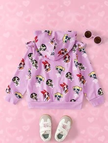 THE POWERPUFF GIRLS X SHEIN Young Girl Cartoon Pattern Casual Daily Hoodie Jacket - Pink - View 2