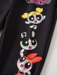 THE POWERPUFF GIRLS X SHEIN طقم كاجوال للبنات الرضع ببلوزة رياضية طويلة الأكمام وبنطال رياضي بطبعة كرتونية - الأسود - مشاهدة 8