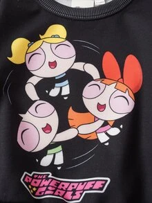 THE POWERPUFF GIRLS X SHEIN طقم كاجوال للبنات الرضع ببلوزة رياضية طويلة الأكمام وبنطال رياضي بطبعة كرتونية - الأسود - مشاهدة 5