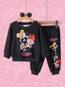 THE POWERPUFF GIRLS X SHEIN طقم كاجوال للبنات الرضع ببلوزة رياضية طويلة الأكمام وبنطال رياضي بطبعة كرتونية - الأسود - مشاهدة 1