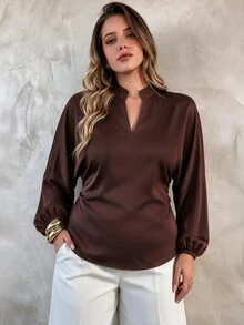 Elegantrix Women's Plus Size Maillard Brown Stand Collar V-Neck Satin Ruched Waist Gathered Lantern Sleeve Elegant Commute Slimming Blouse Fall - Brown - View 5