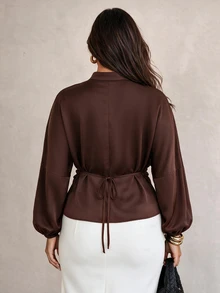 Elegantrix Women's Plus Size Maillard Brown Stand Collar V-Neck Satin Ruched Waist Gathered Lantern Sleeve Elegant Commute Slimming Blouse Fall - Brown - View 2