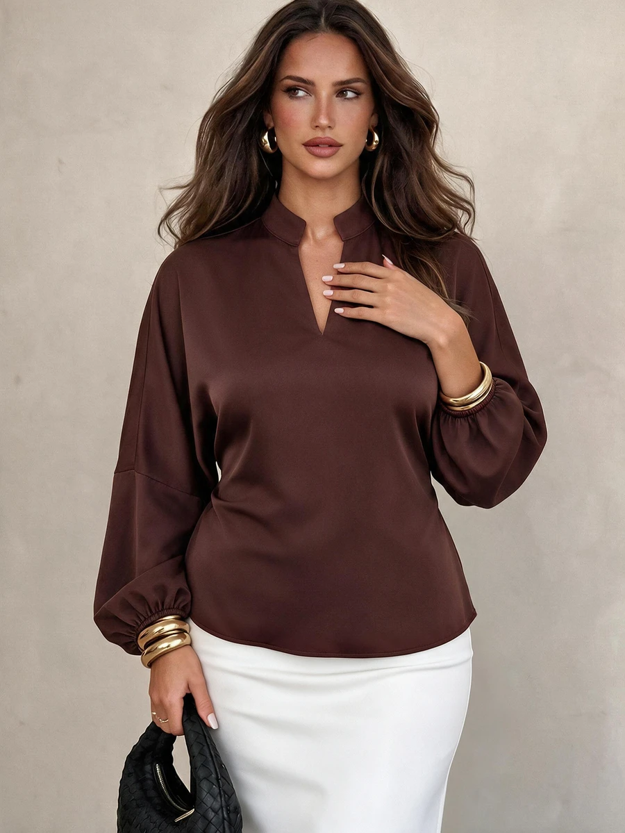 Elegantrix Women's Plus Size Maillard Brown Stand Collar V-Neck Satin Ruched Waist Gathered Lantern Sleeve Elegant Commute Slimming Blouse Fall - Brown - View 1