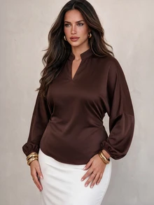 Elegantrix Women's Plus Size Maillard Brown Stand Collar V-Neck Satin Ruched Waist Gathered Lantern Sleeve Elegant Commute Slimming Blouse Fall - Brown - View 4