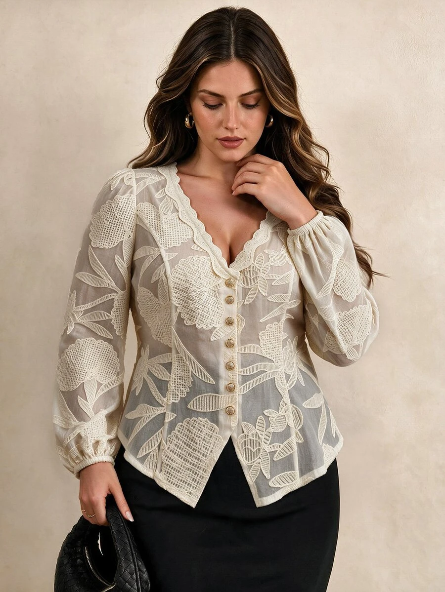 Elegantrix Women's Plus Size Elegant Floral Embroidered Lace Patchwork V-Neck Puff Long Sleeve Sheer Blouse - Apricot - View 1