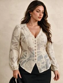 Elegantrix Women's Plus Size Elegant Floral Embroidered Lace Patchwork V-Neck Puff Long Sleeve Sheer Blouse - Apricot - View 5