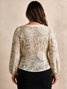 Elegantrix Women's Plus Size Elegant Floral Embroidered Lace Patchwork V-Neck Puff Long Sleeve Sheer Blouse - Apricot - View 2