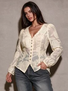 Elegantrix Women's Plus Size Elegant Floral Embroidered Lace Patchwork V-Neck Puff Long Sleeve Sheer Blouse - Apricot - View 4
