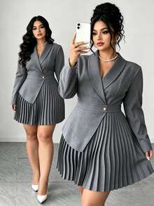 Elenzga Plus Size Halloween Grey Suit-Style Dress, Fall Long Sleeve Pleated Wrap Short Dress, Office Formal Commute Style Asymmetrical Hem, Button Design - Grey - View 9