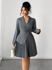 Elenzga Plus Size Halloween Grey Suit-Style Dress, Fall Long Sleeve Pleated Wrap Short Dress, Office Formal Commute Style Asymmetrical Hem, Button Design - Grey - View 5