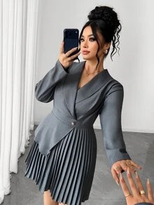 Elenzga Plus Size Halloween Grey Suit-Style Dress, Fall Long Sleeve Pleated Wrap Short Dress, Office Formal Commute Style Asymmetrical Hem, Button Design - Grey - View 8
