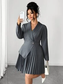 Elenzga Plus Size Halloween Grey Suit-Style Dress, Fall Long Sleeve Pleated Wrap Short Dress, Office Formal Commute Style Asymmetrical Hem, Button Design - Grey - View 6