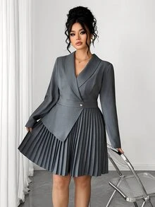 Elenzga Plus Size Halloween Grey Suit-Style Dress, Fall Long Sleeve Pleated Wrap Short Dress, Office Formal Commute Style Asymmetrical Hem, Button Design - Grey - View 7