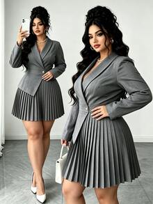 Elenzga Plus Size Halloween Grey Suit-Style Dress, Fall Long Sleeve Pleated Wrap Short Dress, Office Formal Commute Style Asymmetrical Hem, Button Design - Grey - View 1