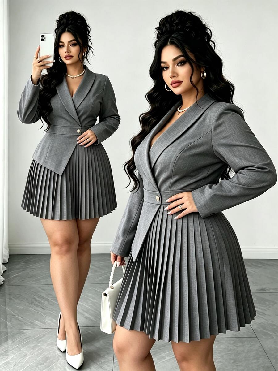 Elenzga Plus Size Halloween Grey Suit-Style Dress, Fall Long Sleeve Pleated Wrap Short Dress, Office Formal Commute Style Asymmetrical Hem, Button Design - Grey - View 1