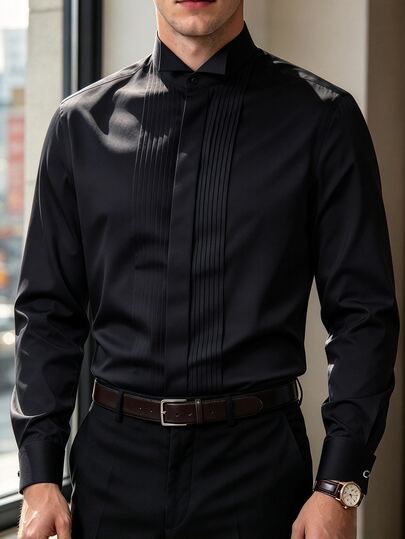 DAZY เสื้อเชิ้ตสุภาพบุรุษพรีเมียมสำหรับงานฮาโลวีน งานแต่งงาน งานรับศีลล้างบาป งานทางการ สไตล์หรูหราและลำลอง ผ้าเรียบคมไม่ต้องรีด คอปกปีก พับจีบแบบแอคคอร์เดียน ฤดูใบไม้ร่วง