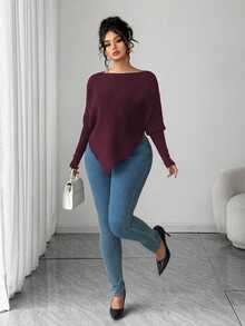 Elenzga Women's Casual Off Shoulder Long Sleeve Loose Plus Size Sweater, Flattering Plus Size Pullover Top For Autumn/Winter - Burgundy - View 8