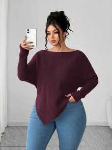 Elenzga Women's Casual Off Shoulder Long Sleeve Loose Plus Size Sweater, Flattering Plus Size Pullover Top For Autumn/Winter - Burgundy - View 4