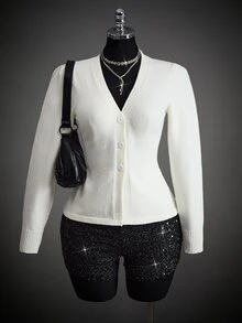 SHEIN ICON Women's Solid Color V-Neck Long Sleeve Casual Knit Cardigan - White - View 6