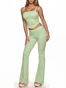 Sweetina 2pcs Going Out Yellow Plaid Print Camisole & Low Waist Pants Suit - Green - View 2