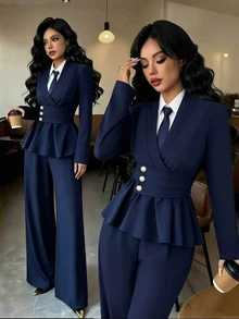 Elenzga Spring/Autumn New French Elegant Luxury Minimalist High-End Design Commuter Comfortable Solid Navy Blue, Cross V-Neck Waist-Cinching A-Line Long Sleeve Shirt And Long Pants 2-Piece Set, Suitable For Daily Commute And Holiday Events - Navy Blue - View 4
