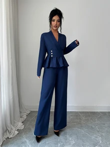 Elenzga Spring/Autumn New French Elegant Luxury Minimalist High-End Design Commuter Comfortable Solid Navy Blue, Cross V-Neck Waist-Cinching A-Line Long Sleeve Shirt And Long Pants 2-Piece Set, Suitable For Daily Commute And Holiday Events - Navy Blue - View 8