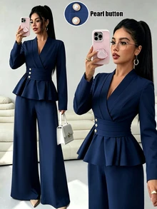 Elenzga Spring/Autumn New French Elegant Luxury Minimalist High-End Design Commuter Comfortable Solid Navy Blue, Cross V-Neck Waist-Cinching A-Line Long Sleeve Shirt And Long Pants 2-Piece Set, Suitable For Daily Commute And Holiday Events - Navy Blue - View 1