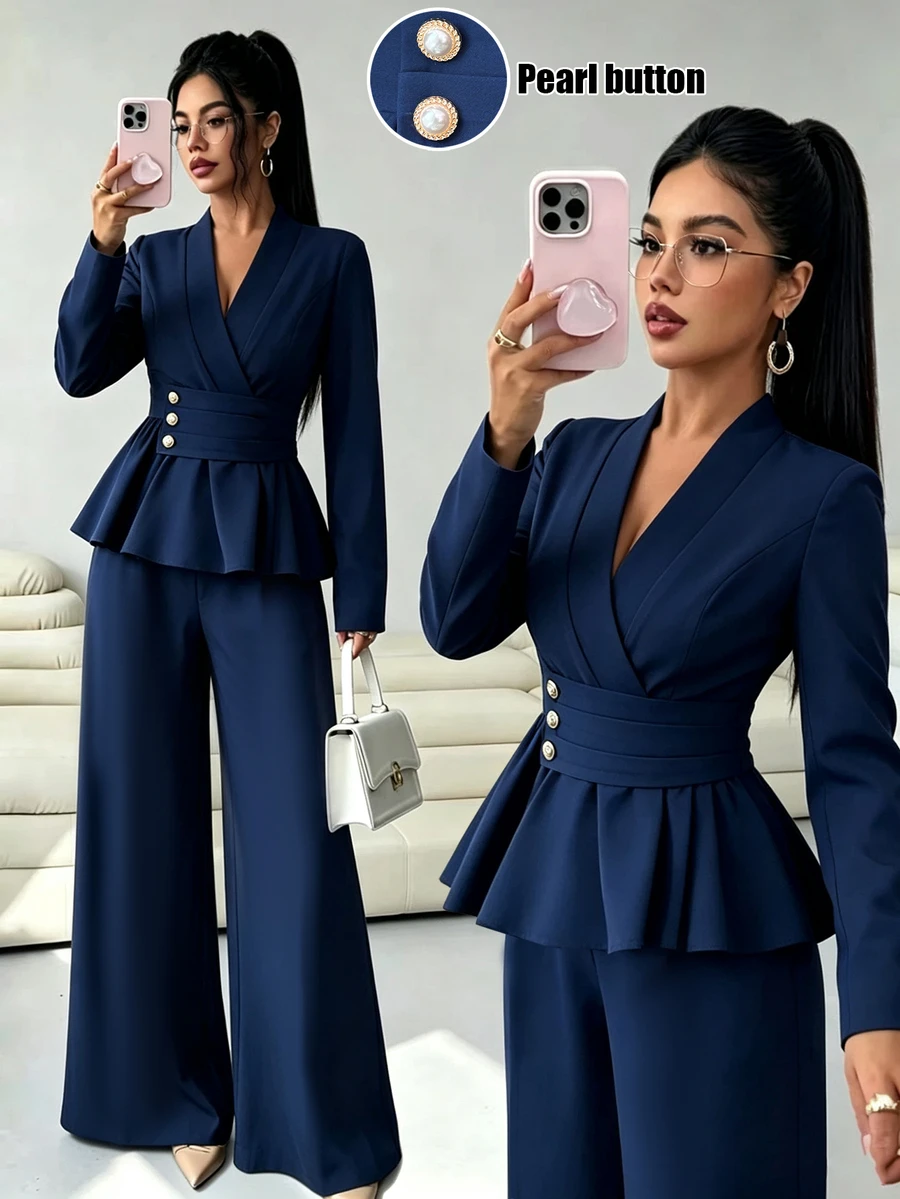 Elenzga Spring/Autumn New French Elegant Luxury Minimalist High-End Design Commuter Comfortable Solid Navy Blue, Cross V-Neck Waist-Cinching A-Line Long Sleeve Shirt And Long Pants 2-Piece Set, Suitable For Daily Commute And Holiday Events - Navy Blue - View 1