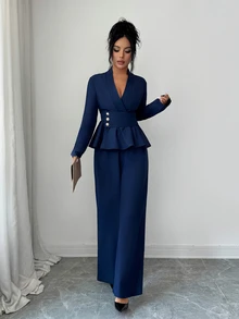 Elenzga Spring/Autumn New French Elegant Luxury Minimalist High-End Design Commuter Comfortable Solid Navy Blue, Cross V-Neck Waist-Cinching A-Line Long Sleeve Shirt And Long Pants 2-Piece Set, Suitable For Daily Commute And Holiday Events - Navy Blue - View 5
