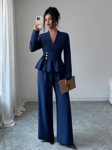 Elenzga Spring/Autumn New French Elegant Luxury Minimalist High-End Design Commuter Comfortable Solid Navy Blue, Cross V-Neck Waist-Cinching A-Line Long Sleeve Shirt And Long Pants 2-Piece Set, Suitable For Daily Commute And Holiday Events - Navy Blue - View 3