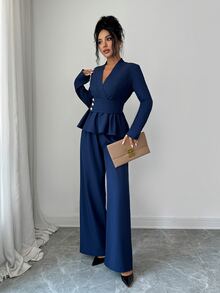 Elenzga Spring/Autumn New French Elegant Luxury Minimalist High-End Design Commuter Comfortable Solid Navy Blue, Cross V-Neck Waist-Cinching A-Line Long Sleeve Shirt And Long Pants 2-Piece Set, Suitable For Daily Commute And Holiday Events - Navy Blue - View 7