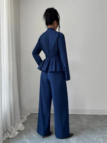 Elenzga Spring/Autumn New French Elegant Luxury Minimalist High-End Design Commuter Comfortable Solid Navy Blue, Cross V-Neck Waist-Cinching A-Line Long Sleeve Shirt And Long Pants 2-Piece Set, Suitable For Daily Commute And Holiday Events - Navy Blue - View 2
